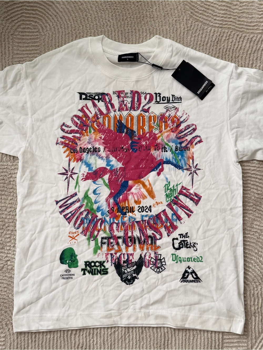 DSQUARED2 White Tee with Multicolor Pegasus Graphic